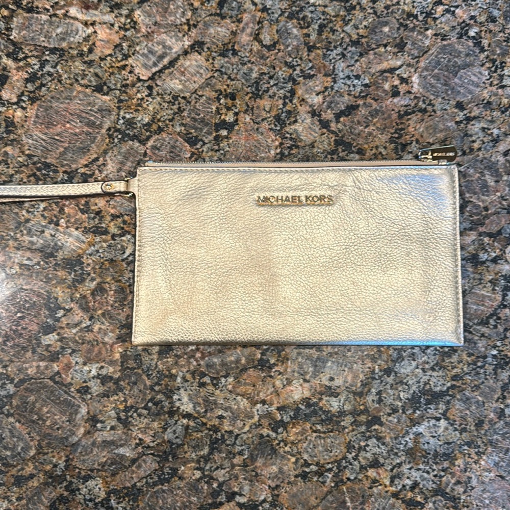 Michael Kors MK gold pebbled clutch with wrist strap 10x6